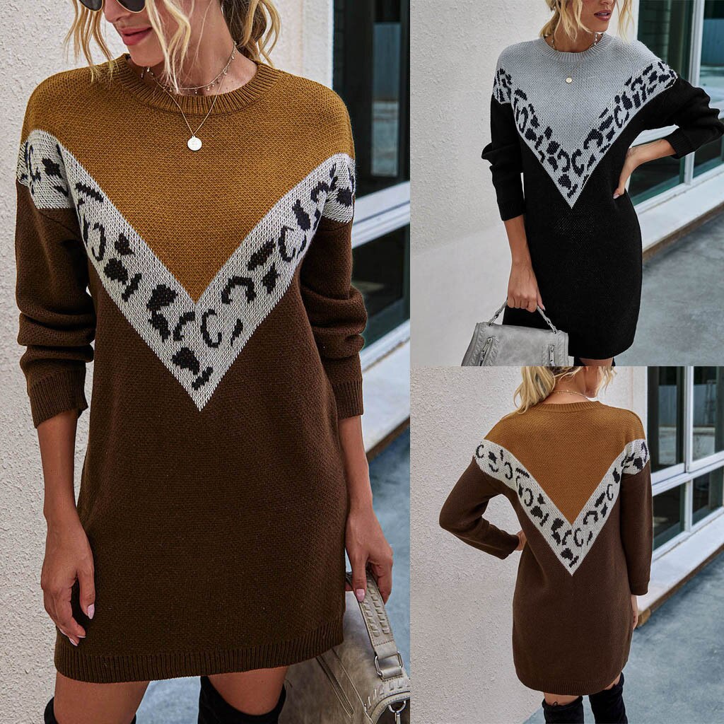 Women Autumn And Winter Fashion Leopard Print Splicing Knitting Dress